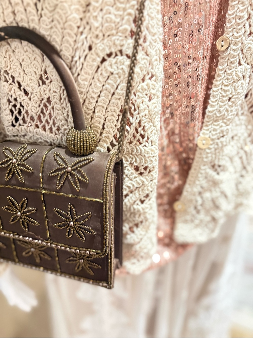 Embellished Brown/Copper Beaded Top-Handle Bag with chain.
